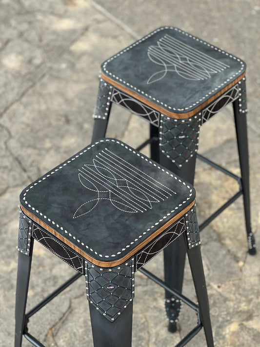 (STOCK) Set of 2 30" Black barstool w/ Black Cowboy stitch