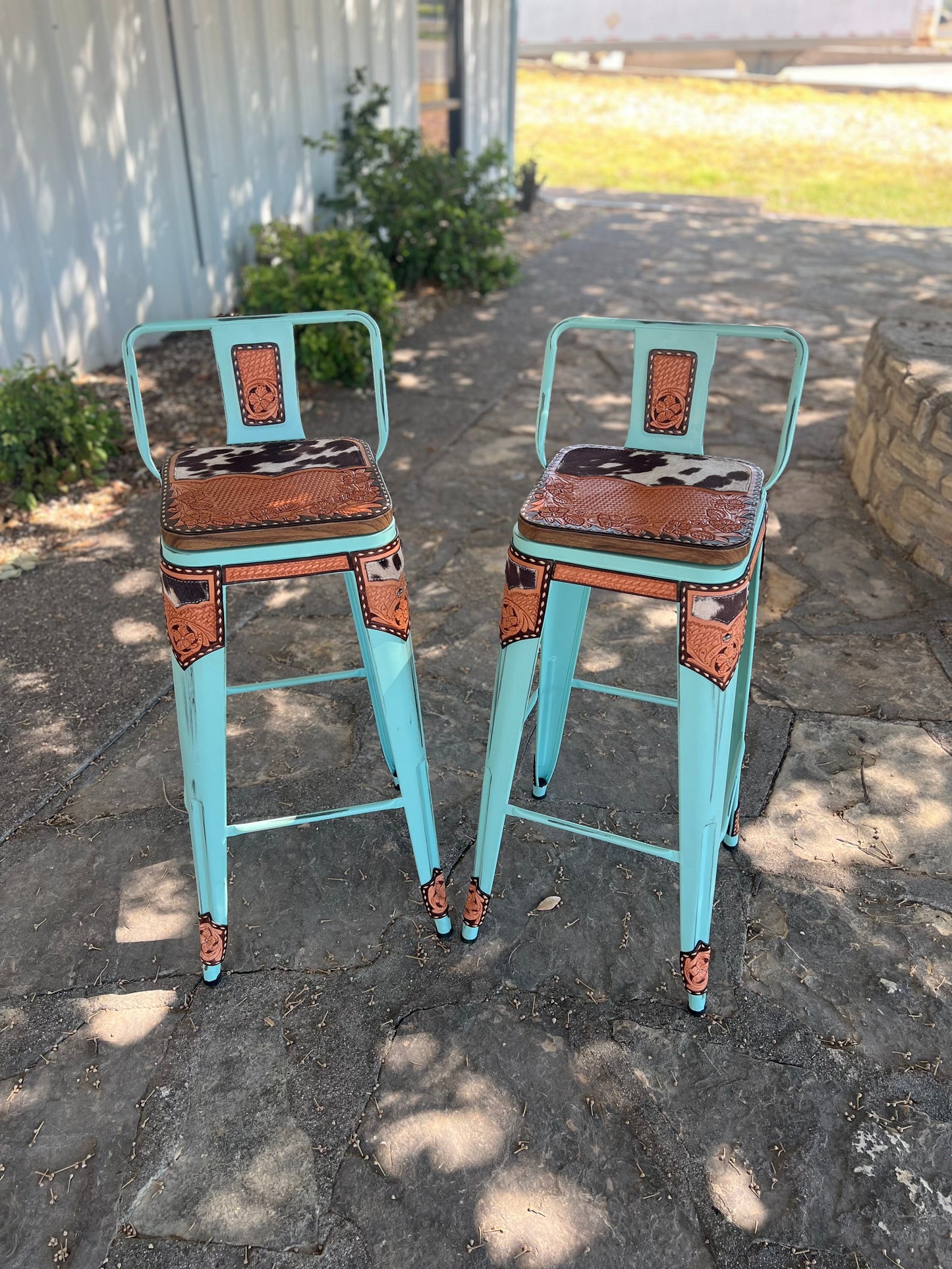 (STOCK!) SET OF 2 26" TURQUOISE SWIVEL  BAR STOOLS WITH COW SUEDE INLAY