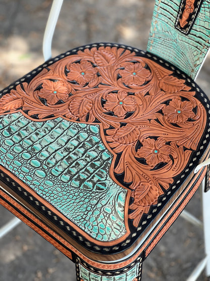 (STOCK- SINGLE BAR STOOL) 30" THE TURQUOISE GATOR w/ Tall Back in WHITE