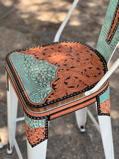 (STOCK- SINGLE BAR STOOL) 30" THE TURQUOISE GATOR w/ Tall Back in WHITE