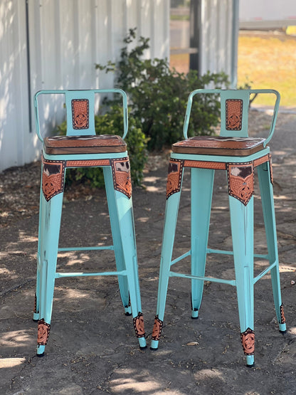 (STOCK!) SET OF 2 26" TURQUOISE SWIVEL  BAR STOOLS WITH COW SUEDE INLAY