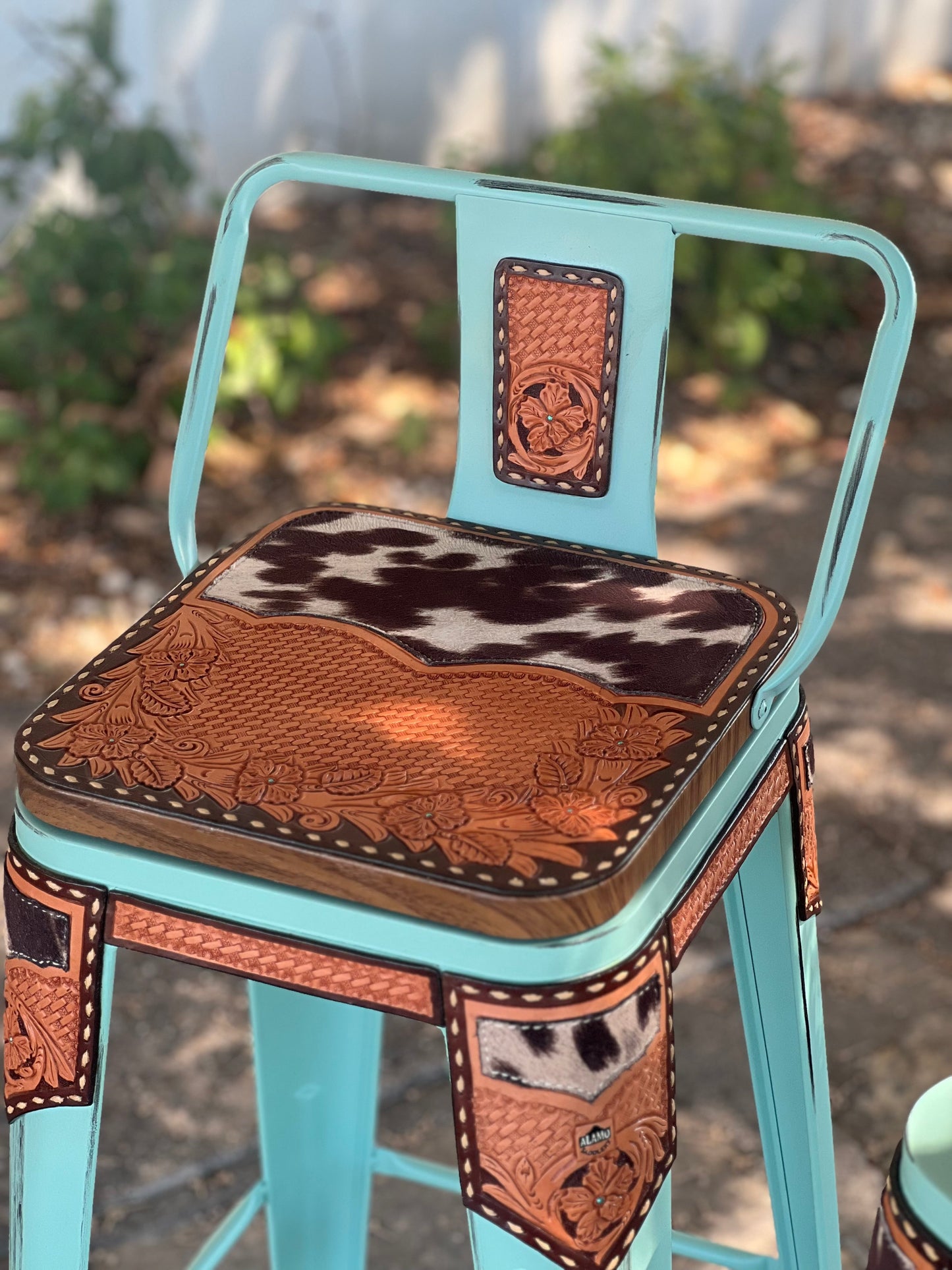 (STOCK!) SET OF 2 26" TURQUOISE SWIVEL  BAR STOOLS WITH COW SUEDE INLAY