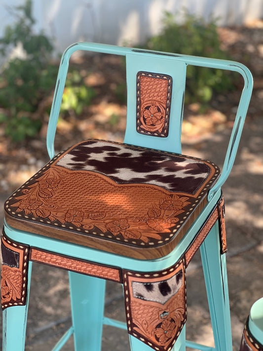 (STOCK!) SET OF 2 26" TURQUOISE SWIVEL  BAR STOOLS WITH COW SUEDE INLAY