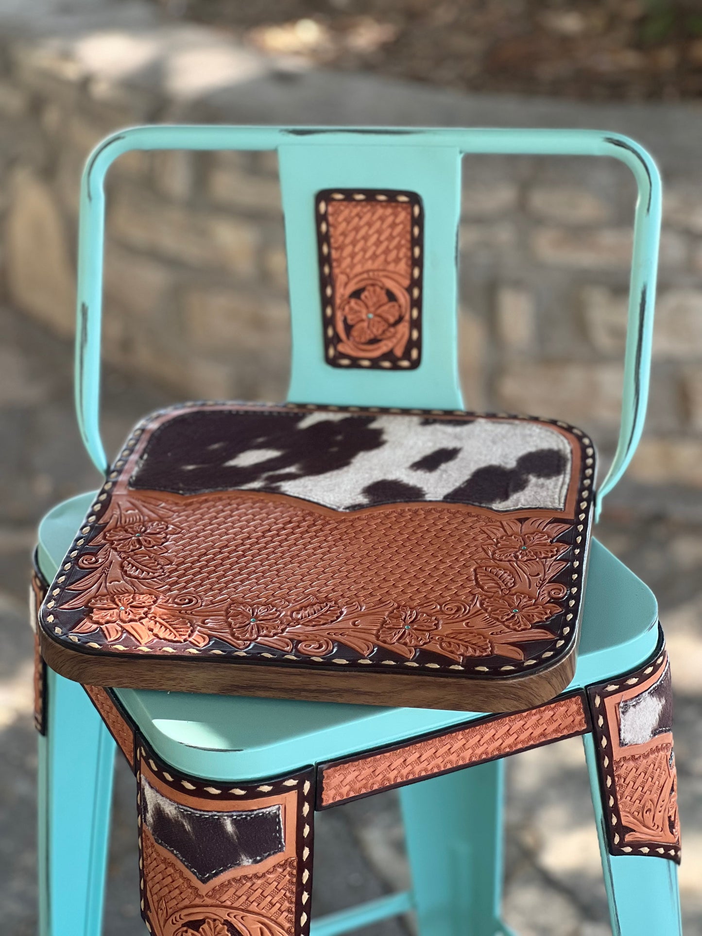 (STOCK!) SET OF 2 26" TURQUOISE SWIVEL  BAR STOOLS WITH COW SUEDE INLAY