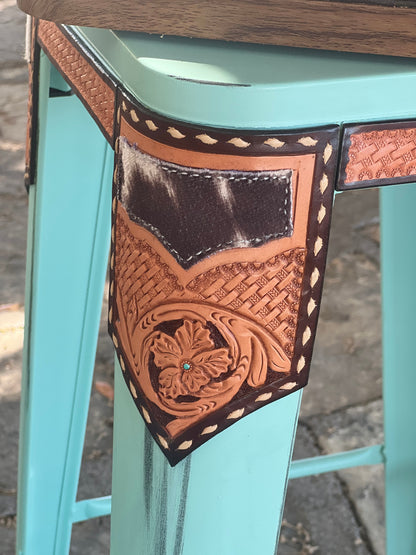 (STOCK!) SET OF 2 26" TURQUOISE SWIVEL  BAR STOOLS WITH COW SUEDE INLAY