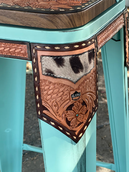 (STOCK!) SET OF 2 26" TURQUOISE SWIVEL  BAR STOOLS WITH COW SUEDE INLAY